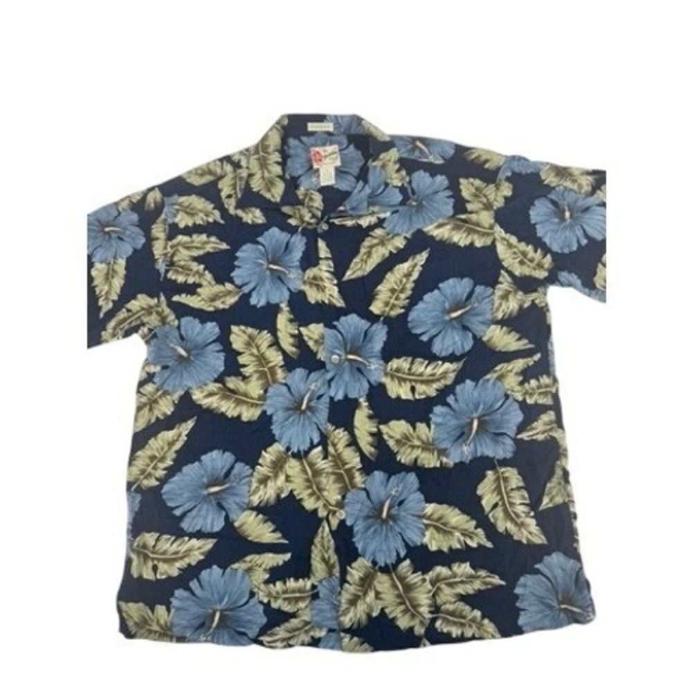 Vintage Hilo Hattie Hawaiian Shirt Mens XL Navy Blue Hibiscus Rayon Aloha Floral
